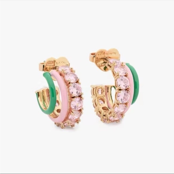 Kate Spade earrings Pink Stone & Enamel Triple Huggie Hoop Earrings - Picture 1 of 6